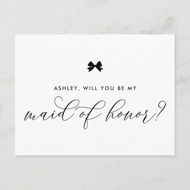 Black Ribbon Bow Will You Be My Maid of Honour Car Postcard (Front)