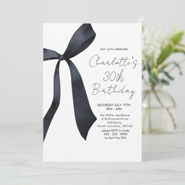 Black Ribbon Elegant 30th Birthday Invitation (Standing Front)