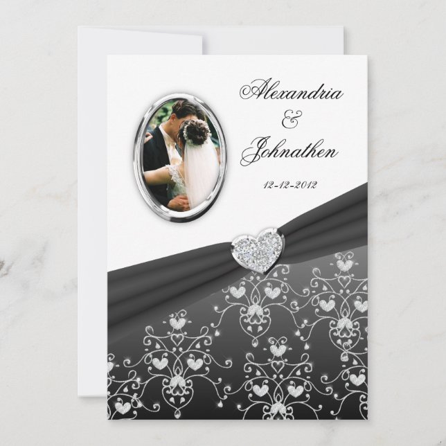 Black Ribbon Heart Damask Wedding Photo Invitation (Front)