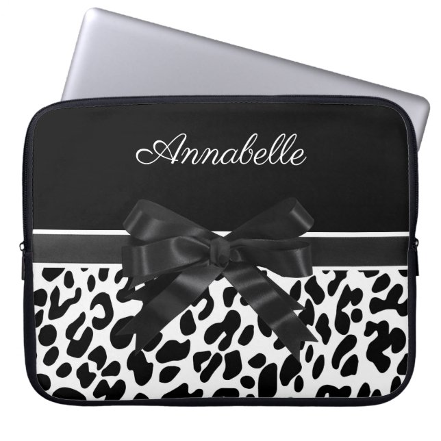 Black Ribbon Leopard Print Laptop Sleeve (Front)