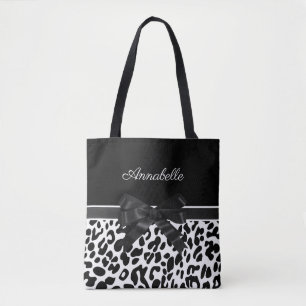 Black Ribbon Leopard Print Tote Bag