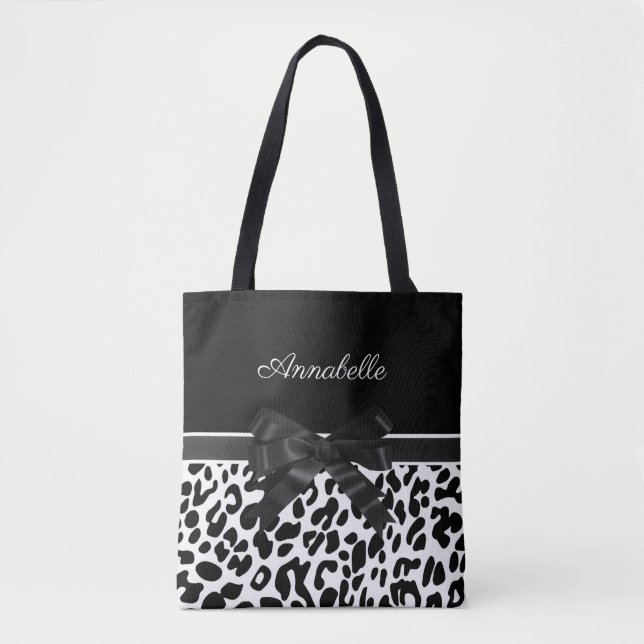 Black Ribbon Leopard Print Tote Bag (Front)