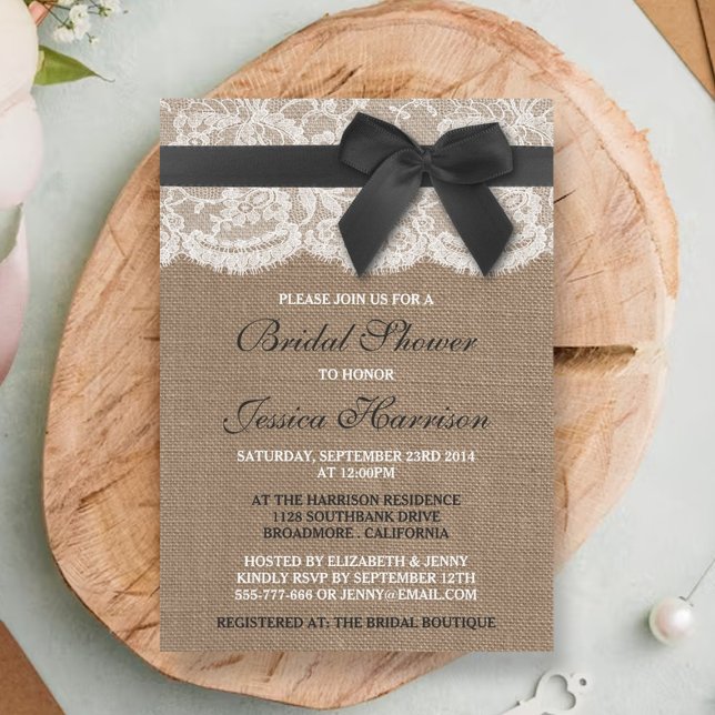 Black Ribbon On Burlap & Lace Bridal Shower Invitation (Creator Uploaded)