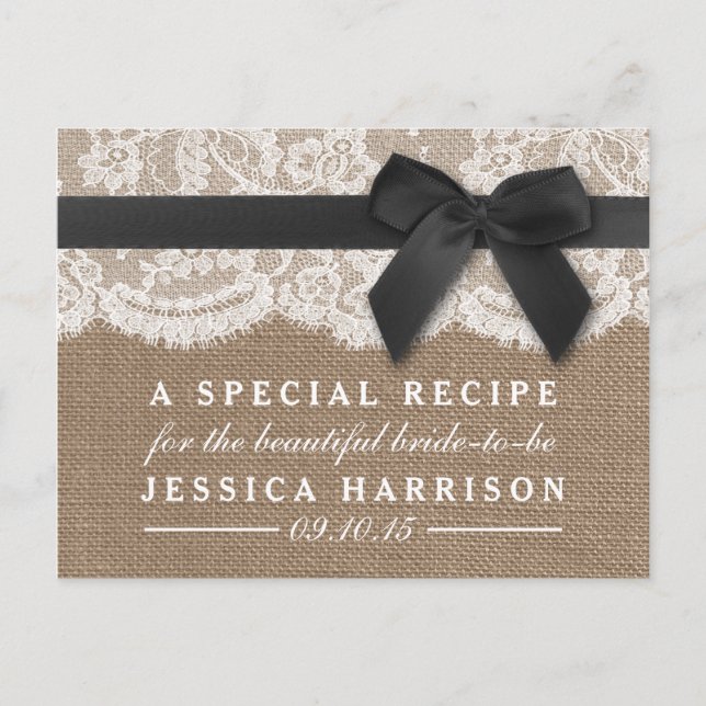 Black Ribbon On Burlap & Lace Bridal Shower Recipe Invitation Postcard (Front)