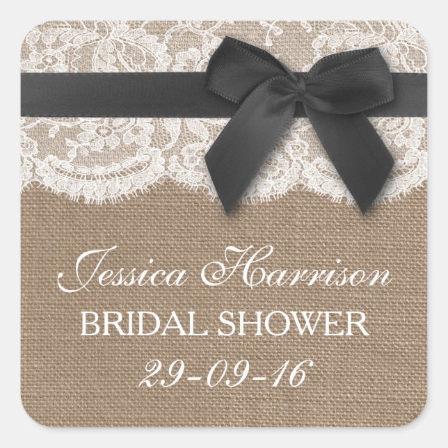 Black Ribbon On Burlap & Lace Bridal Shower Square Sticker (Front)
