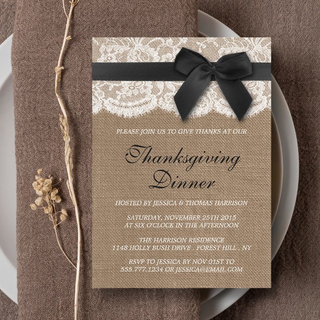 Black Ribbon On Burlap & Lace Thanksgiving Dinner Invitation (Creator Uploaded)