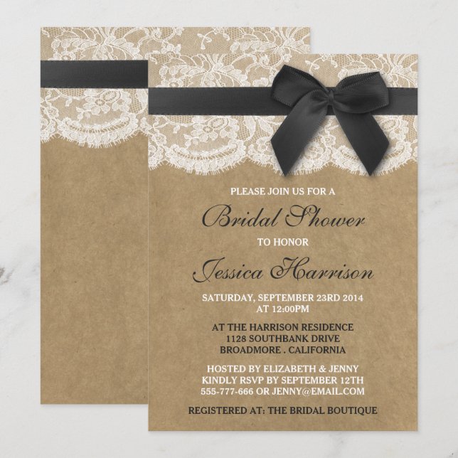 Black Ribbon On Kraft & Lace Bridal Shower Invitation (Front/Back)
