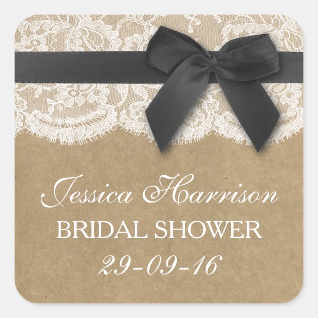 Black Ribbon On Kraft & Lace Bridal Shower Square Sticker (Front)