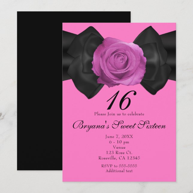 Black Ribbon & Pink Rose ANY COLOR Invitations (Front/Back)