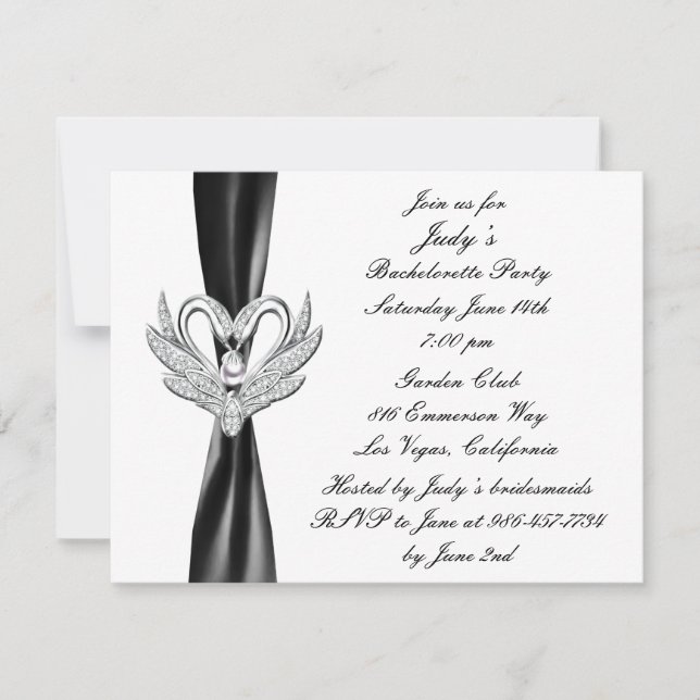 Black Ribbon Silver Swan Bachelorette Party Invite (Front)