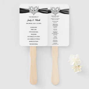 Black Ribbon Silver Swan Wedding Program Fans