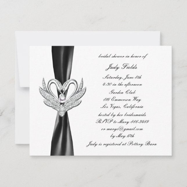 Black Ribbon Silver Swans Bridal Shower Invitation (Front)