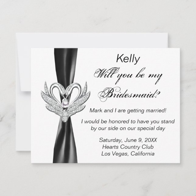 Black Ribbon Silver Swans Bridesmaid Card (Front)