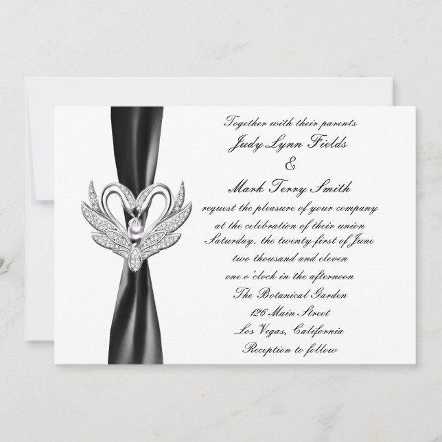 Black Ribbon Silver Swans Invitation (Front)