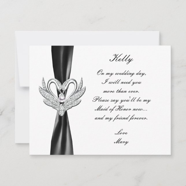 Black Ribbon Silver Swans Maid Of Honour Card (Front)