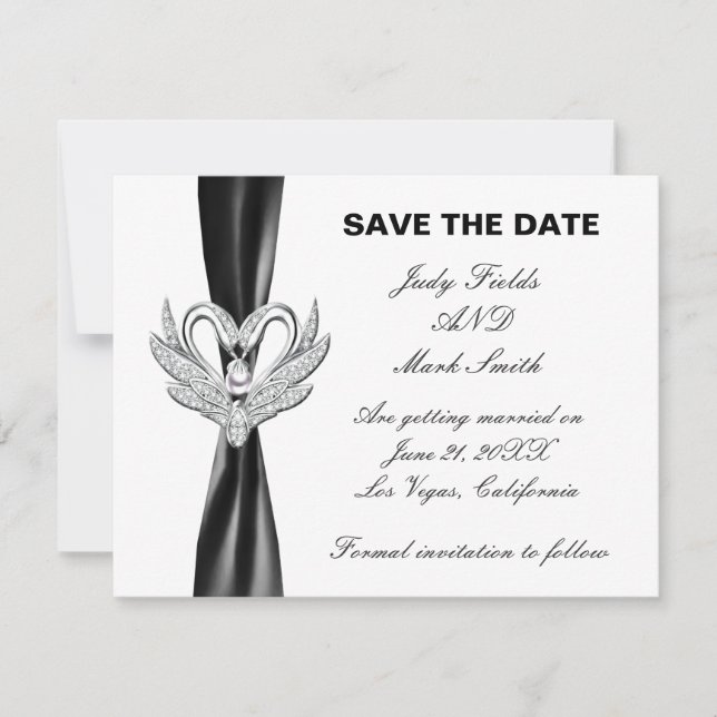 Black Ribbon Silver Swans Save The Date Card (Front)