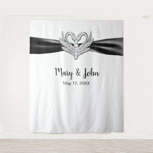 Black Ribbon Silver Swans Wedding Backdrop Tapestry