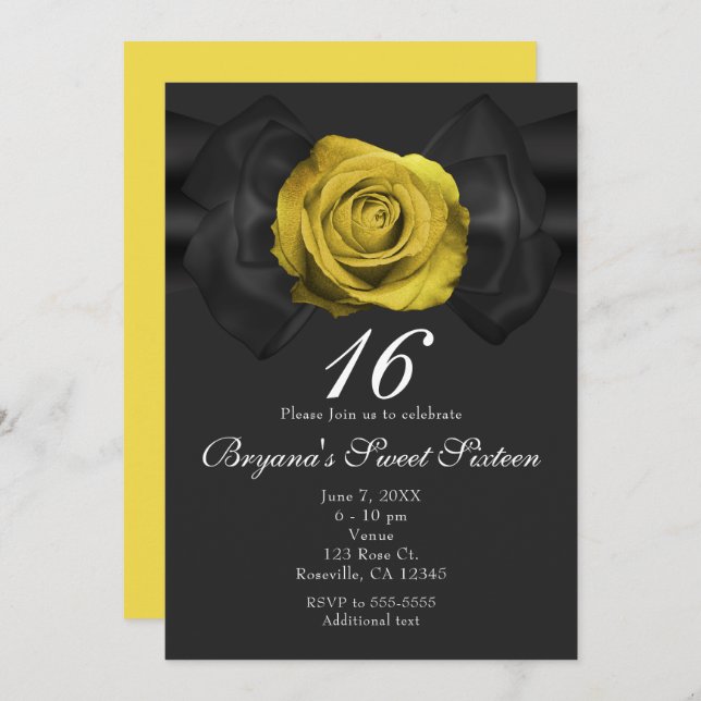 Black Ribbon & Yellow Rose ANY COLOR Invitations (Front/Back)