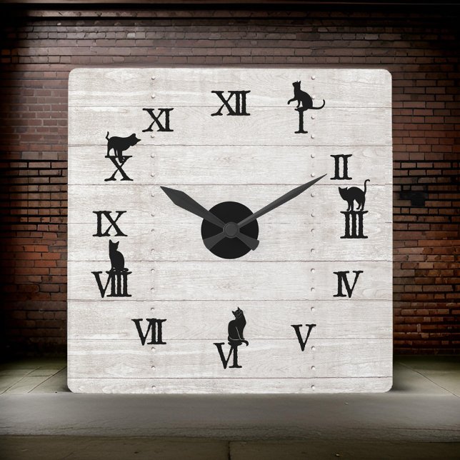Black Roman Numerals Cats Rustic Wood Square Wall Clock (Creator Uploaded)