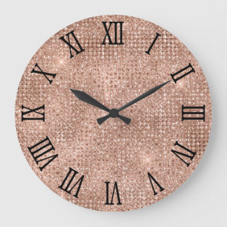Black Roman Numerals Rose Gold Disco Glitter Large Clock