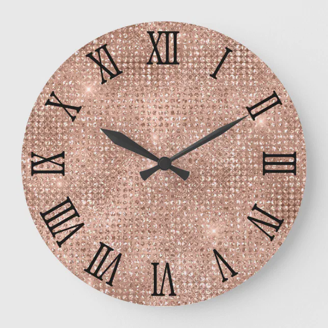 Black Roman Numerals Rose Gold Disco Glitter Large Clock | Zazzle