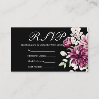 Black Romantic Bloom Floral Peony RSVP Business Card
