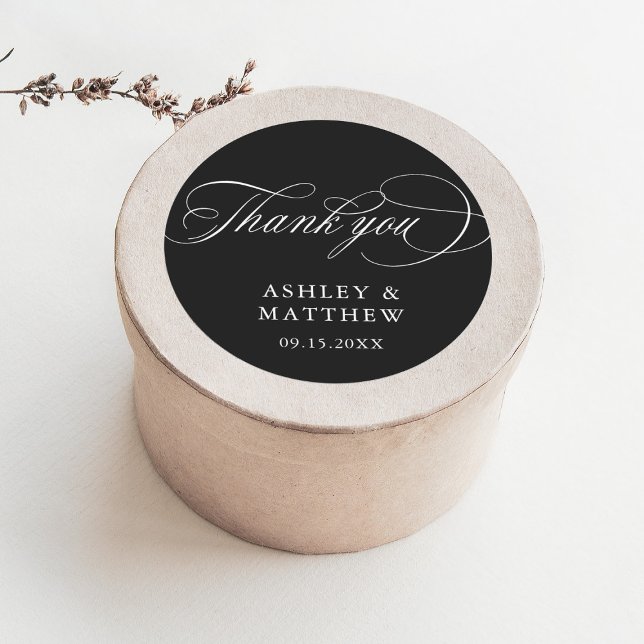 Black Romantic Calligraphy Wedding Thank You Classic Round Sticker (Creator Uploaded)