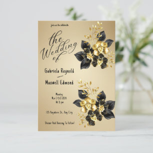 Black Romantic Gold Orchids Floral Wedding Invitation
