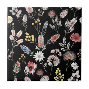 Black Romantic Moody Watercolor Wildflowers Tile