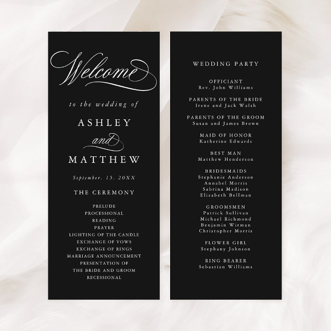 Black Romantic Swirly Calligraphy Wedding Ceremony Programme (Front & Back)