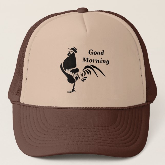 Black Rooster Crowing Silhouette Trucker Hat (Front)