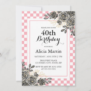 Black Rose Baby Pink & White Chequered Birthday  Invitation