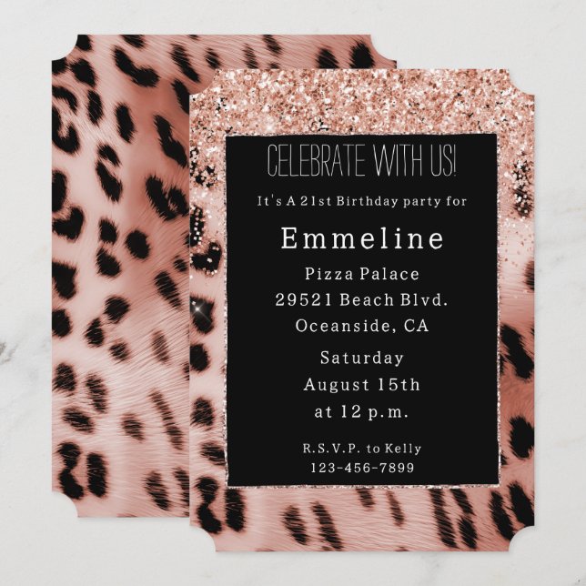 Black Rose Blush Pink Leopard Glitter Invitation (Front/Back)