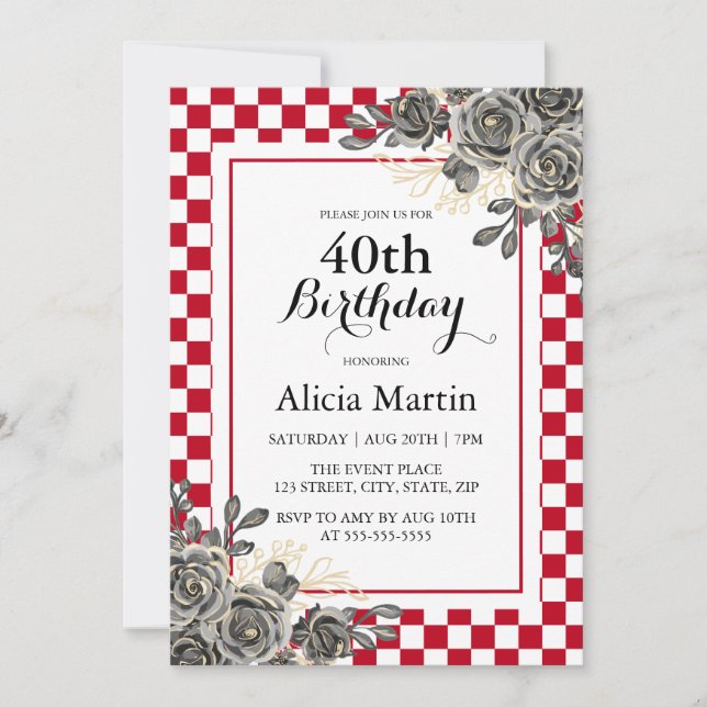 Black Rose Burgundy & White Chequered Birthday  Invitation (Front)