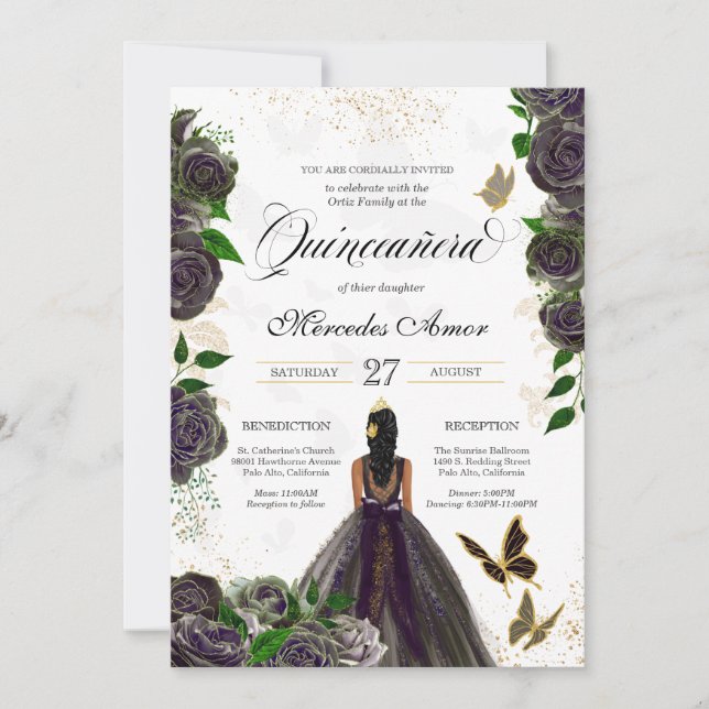 Black Rose Butterfly Mariposa Quinceanera Invitation (Front)