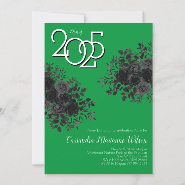 Black Rose Dark Gothic Graduation Party Green Invitation (Front)