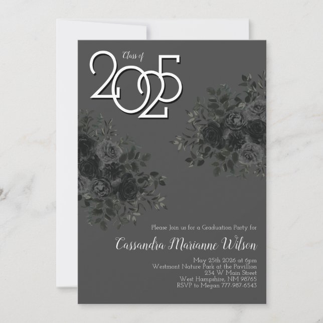 Black Rose Dark Gothic Graduation Party Grey Invitation (Front)