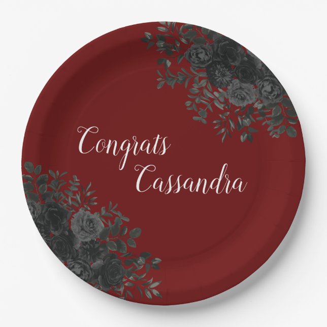 Black Rose Dark Gothic Graduation Party Maroon Paper Plate (Front)