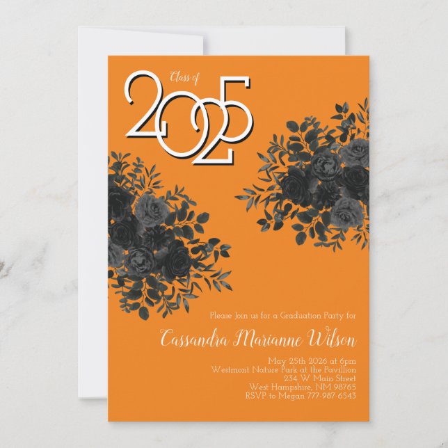 Black Rose Dark Gothic Graduation Party Orange Invitation (Front)