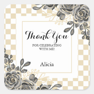 Black Rose Flora Gold & White Checkered Thank You Square Sticker