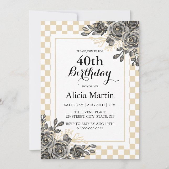 Black Rose Flora Gold & White Chequered Birthday  Invitation (Front)
