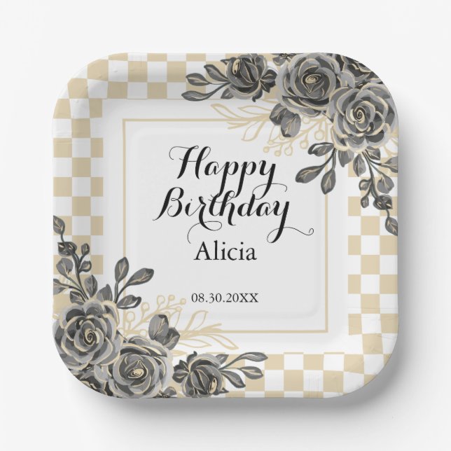 Black Rose Flora Gold & White Chequered Birthday  Paper Plate (Front)