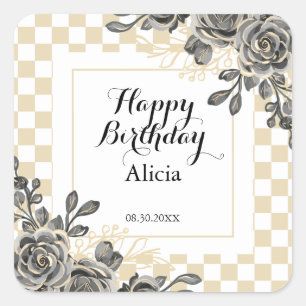 Black Rose Flora Gold & White Chequered Birthday  Square Sticker