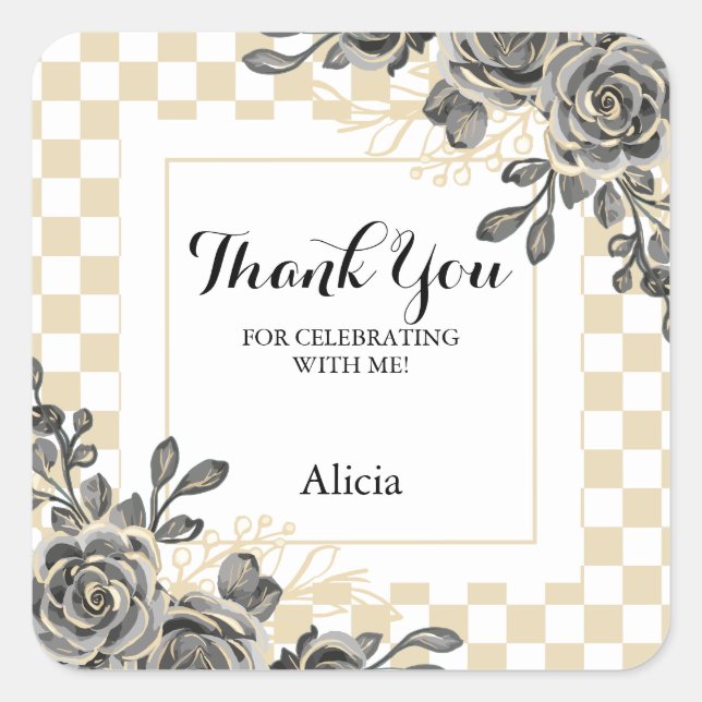 Black Rose Flora Gold & White Chequered Thank You Square Sticker (Front)