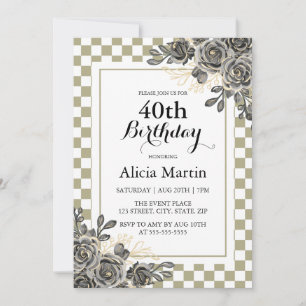 Black Rose Flora Sage & White Chequered Birthday Invitation