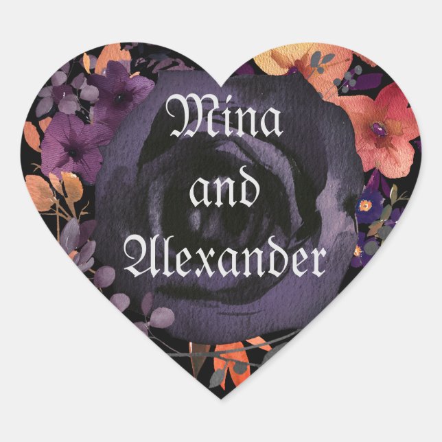 Black Rose Floral Hallowedding Favour Heart Sticker (Front)