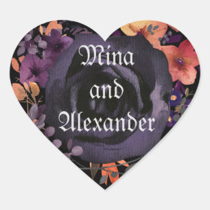 Black Rose Floral Hallowedding Favour Heart Sticker