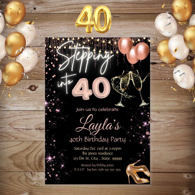 Black Rose Gold 40th Birthday Girl Invitation  (Creator Uploaded)