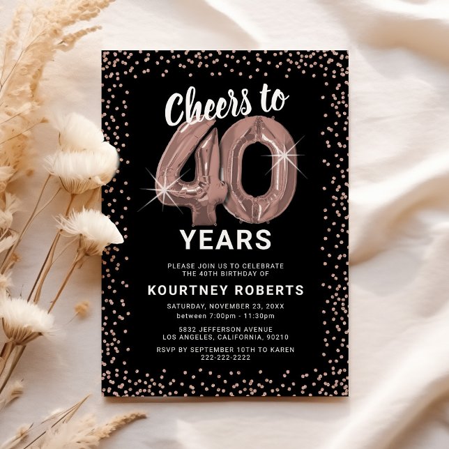 Black & Rose Gold 40th Birthday Invitation (Creator Uploaded)