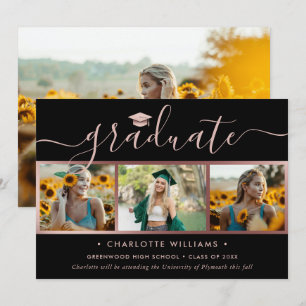 Black Rose Gold 4 Photo Collage Script Graduation Announcement
